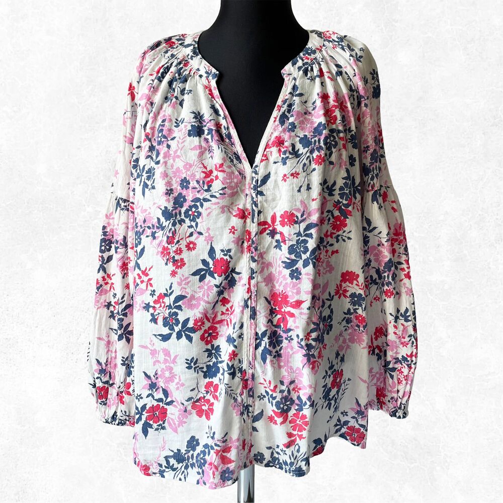 Gap Floral Peasant Blouse Women's M Pink Red Blue White V-Neck Pullover Top